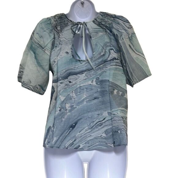 St Roche Honeycomb Top Blue Watercolor Smocked Keyhole Cotton Size Small NWT - Picture 2 of 15